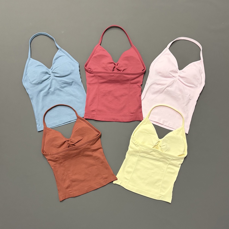Sports Bra Racerback - ジム女性用スポーツタンクトップ シームレス ホルターストラップ スパゲッティストラップ 取り外し可能なブラパッド付き 速乾性