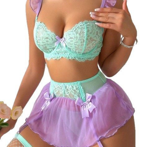Lace Bralette Set - 女性用セクシーレースエロティックセット、ボウ刺繍ランジェリーブラ＆Tバックセット、下着、パーティー、クラブ、セクシーコスチューム