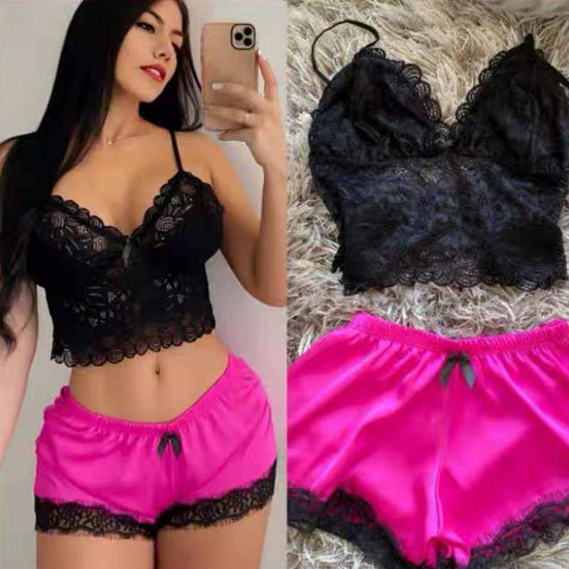 Lace Bralette Set - 女性の 2 ピースセクシーなレースのパジャマセットシースルー Bralette キャミトップとショーツ通気性パジャマプラスサイズ夏のランジェリー