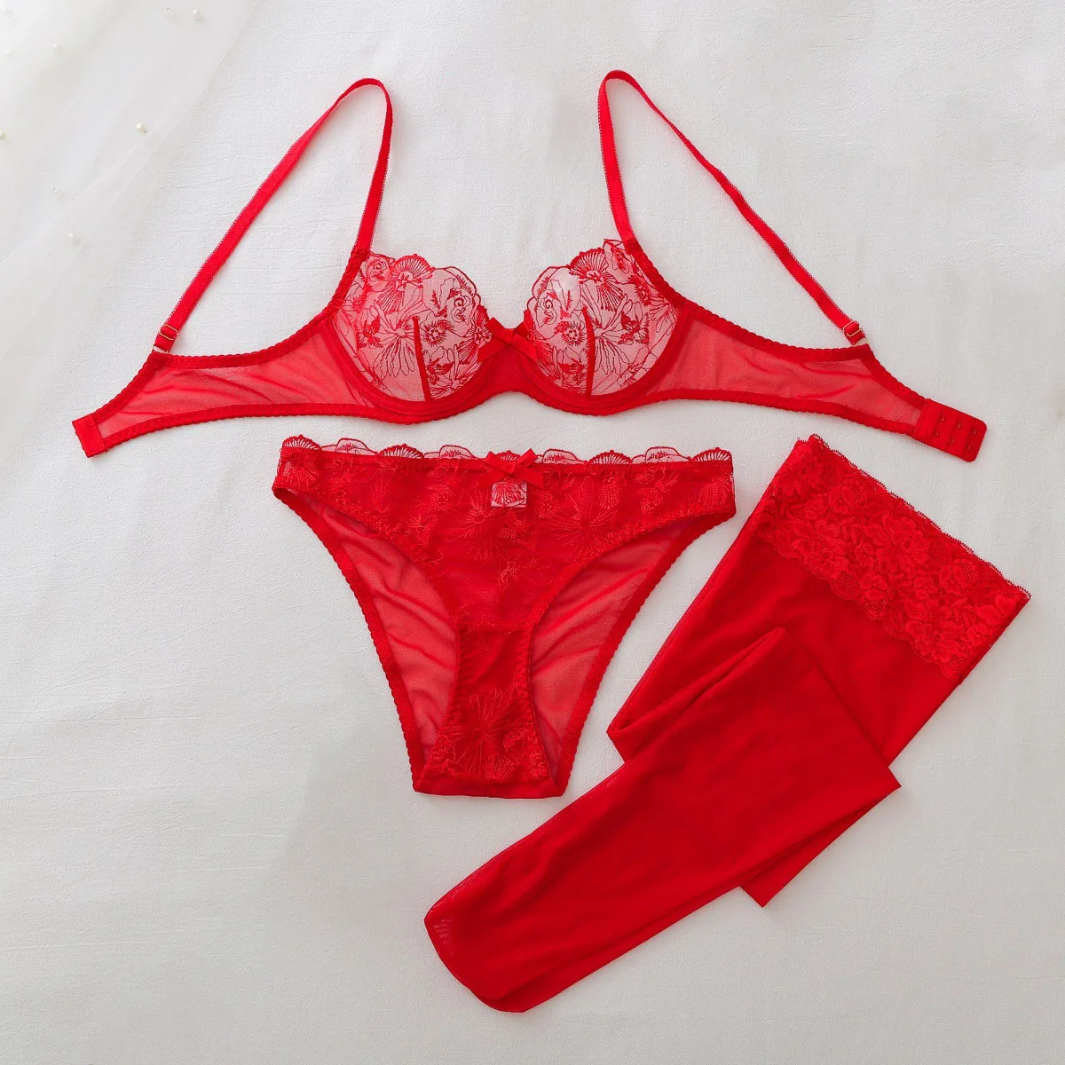 Sheer Bra Lace - シースルーメッシュエロティックセット レディース レッドローズレースブラジャー パンティー シアーニーハイストッキング ロマンチック透明ランジェリーセット