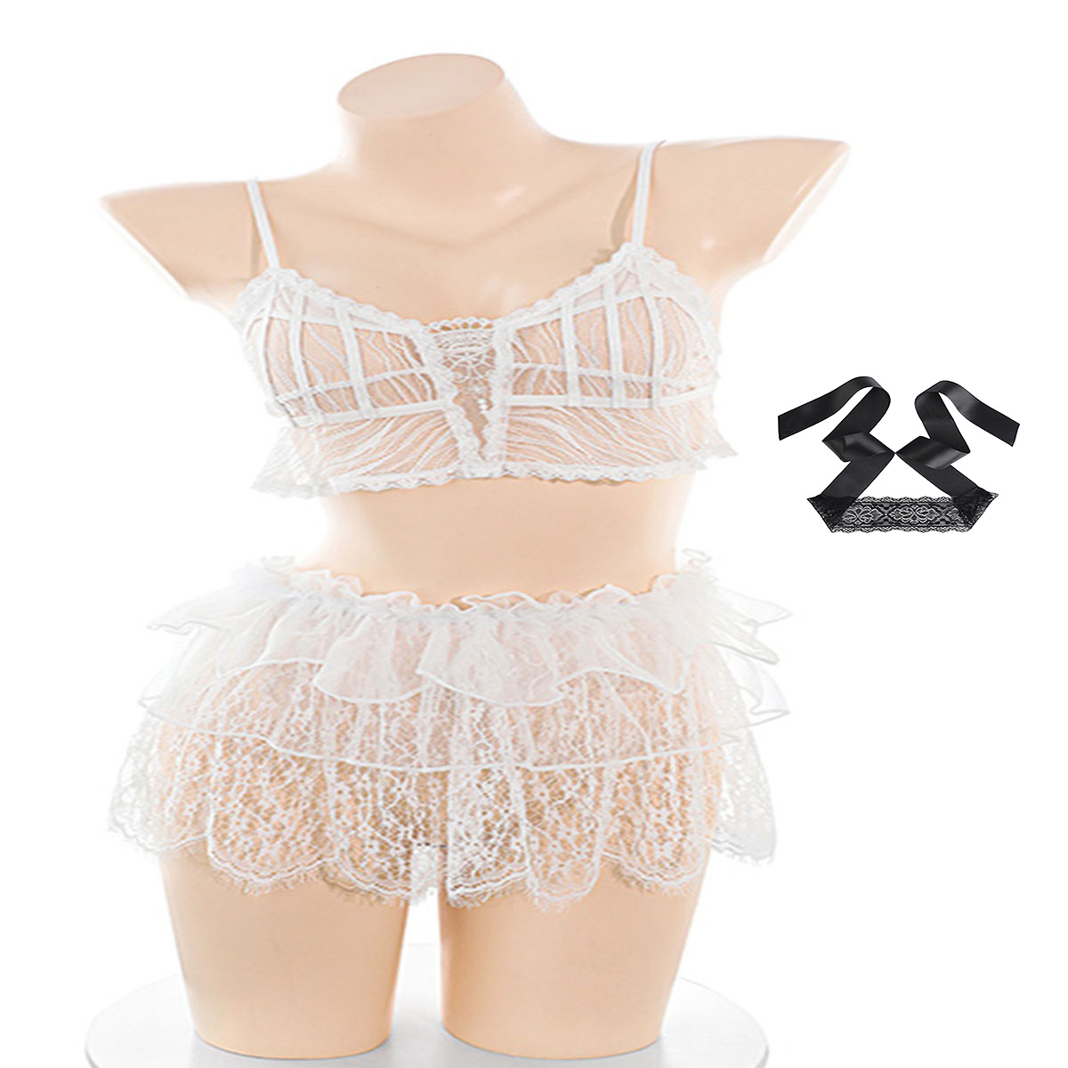 Lace Bralette Set - LISM スイートシアーレースランジェリーセット 女性用、スパゲッティストラップブラレットと多層フリルスカートスリープウェア