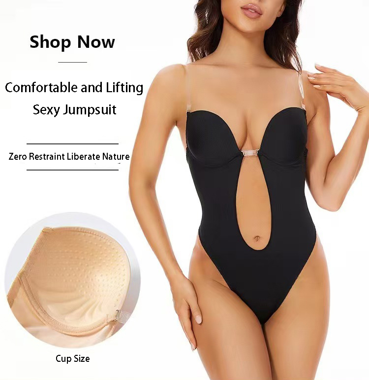 Plunge Bra Push Up - 滑り止め接着剤付きバックレスボディシェイパーブラ U字プランジローバックソング ディープVフルボディボディスーツソングレオタード お腹引き締めコルセット