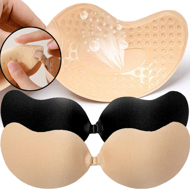 Plunge Bra Push Up - 再利用可能な粘着式ニップルカバー A～Dカップ、シリコンパッド入りプッシュアップストラップレスブラ、ウェディングドレス用粘着式ランジェリー