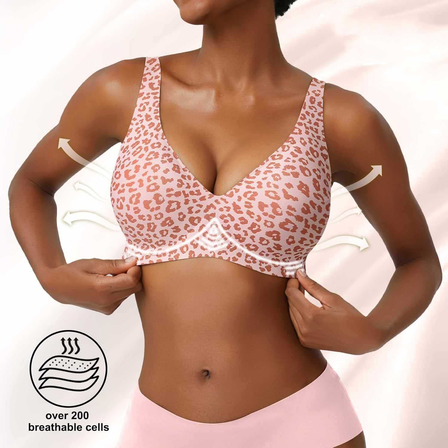 レディースシームレスピンクレオパードプリントブラ、ワイヤーレ - Plunge Bra Push Up のレビューと価格