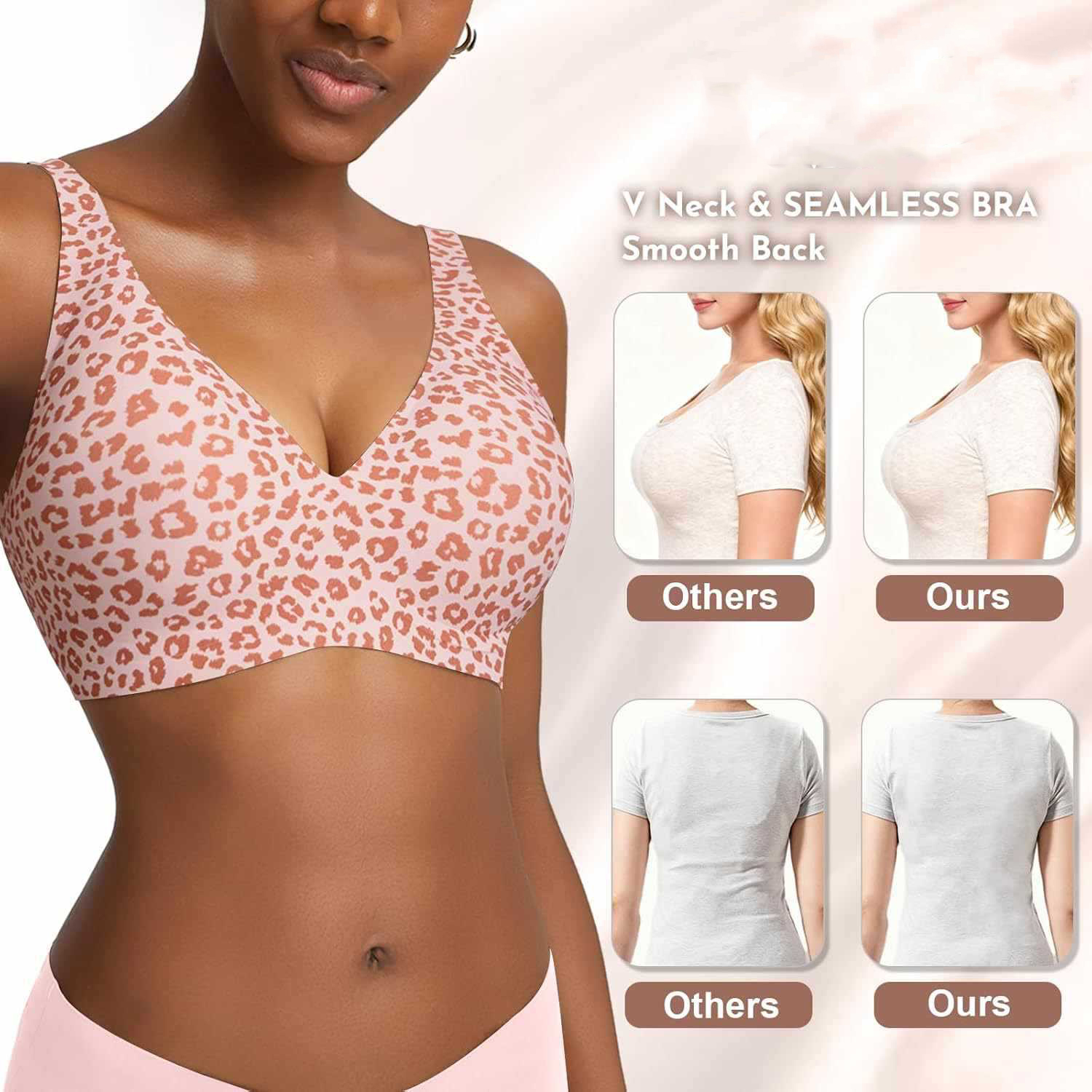 レディースシームレスピンクレオパードプリントブラ、ワイヤーレ - Plunge Bra Push Up のレビューと価格