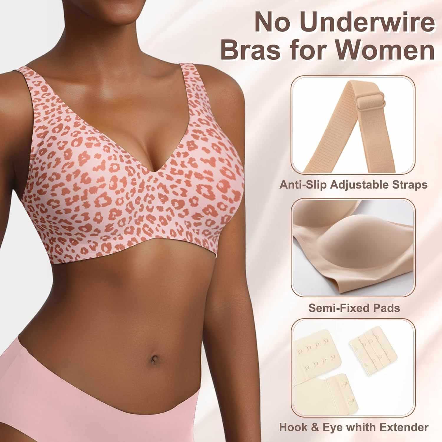 レディースシームレスピンクレオパードプリントブラ、ワイヤーレ - Plunge Bra Push Up のレビューと価格