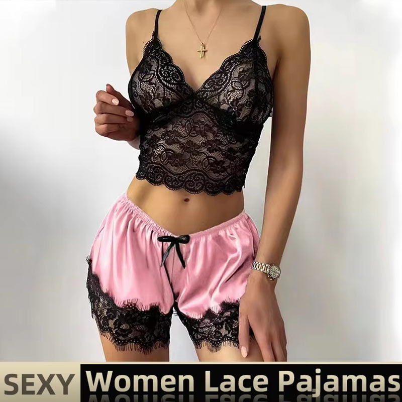 女性の 2 ピースセクシーなレースのパジャマセットシースルー - Lace Bralette Set のレビューと価格
