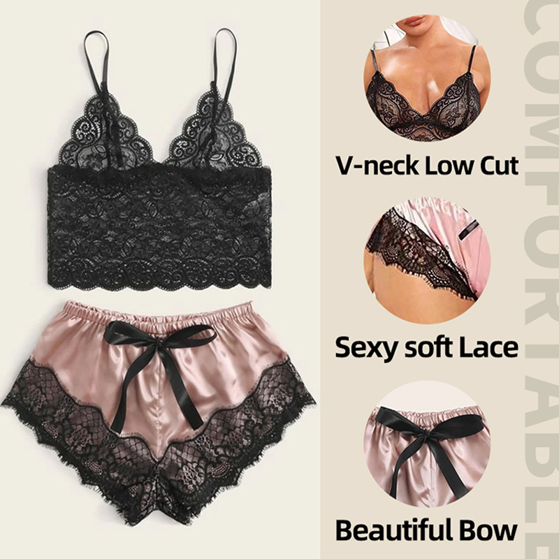 女性の 2 ピースセクシーなレースのパジャマセットシースルー - Lace Bralette Set のレビューと価格